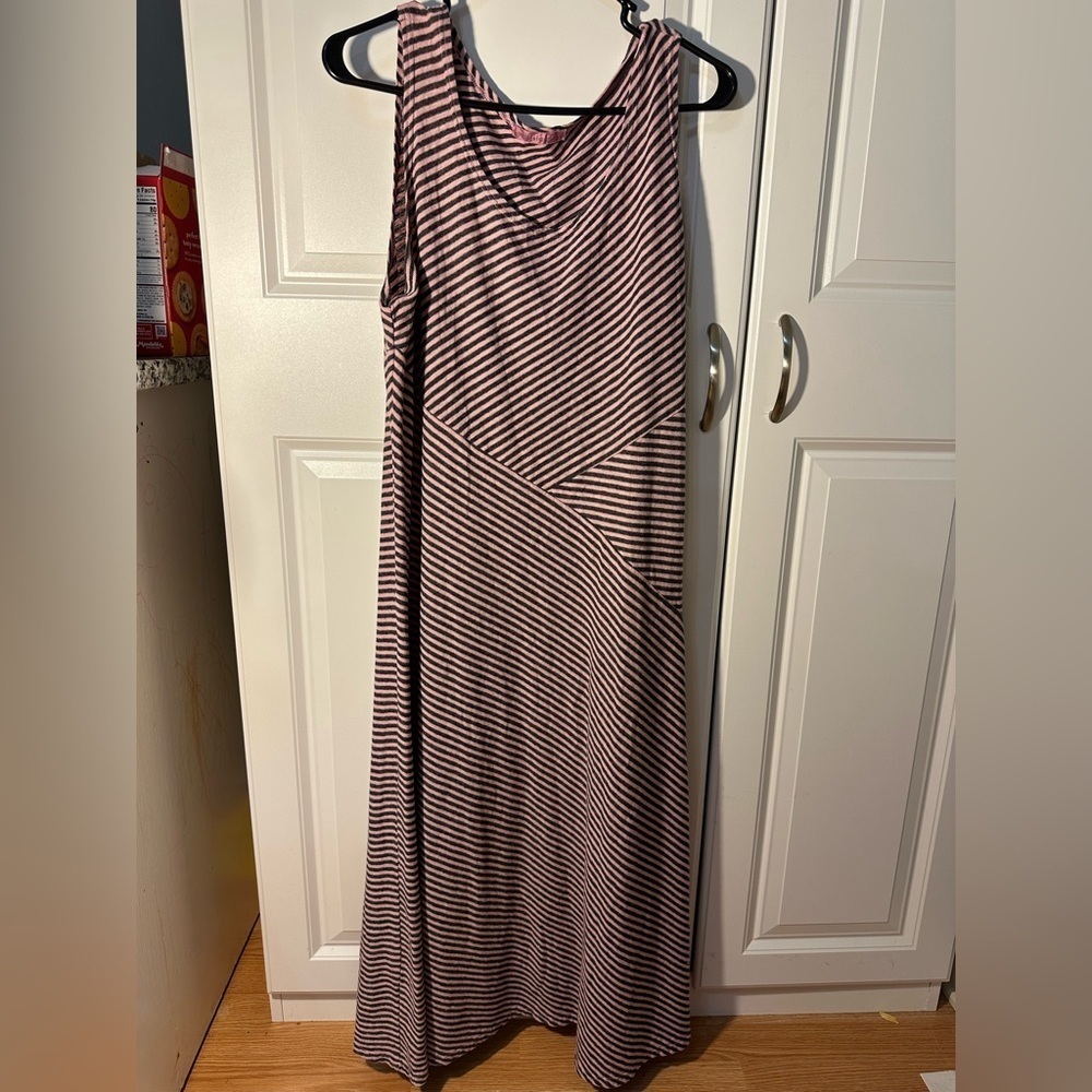 Cut loose large pink gray striped sleeveless tank maxi dress linen cotton blend - Picture 4 of 8